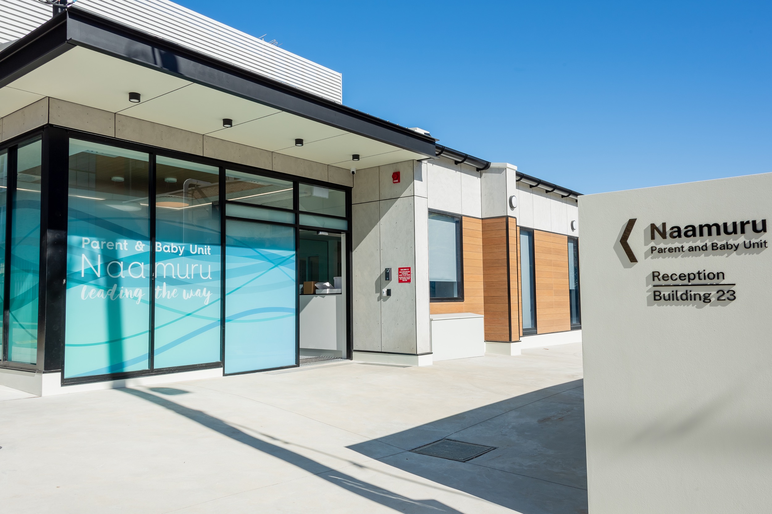 A view of the front door of the ‘Naamuru Parent and Baby Unit’.