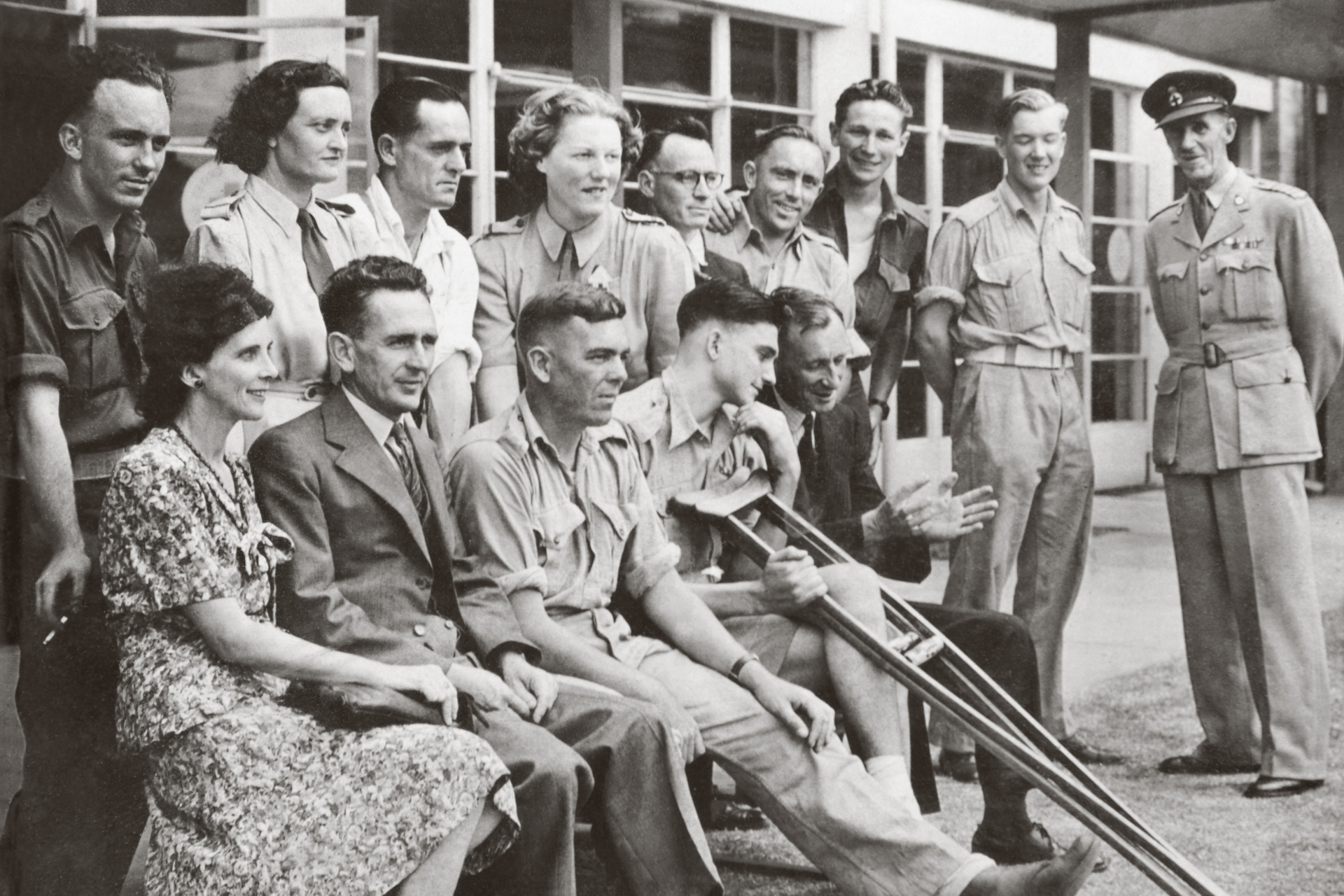 black and white photo soldiers gathered at hospital