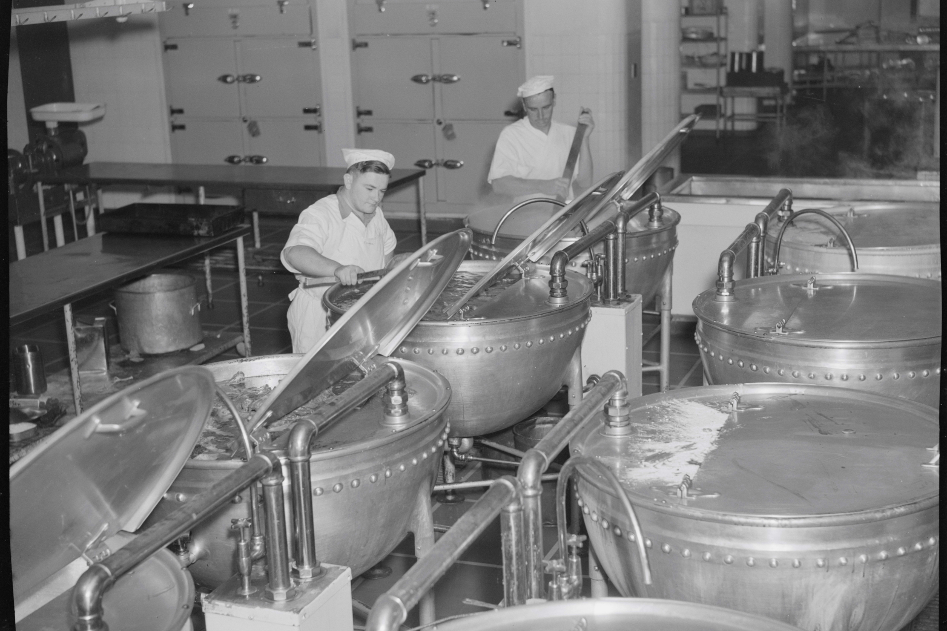 black and white photo of hospital kitchen area