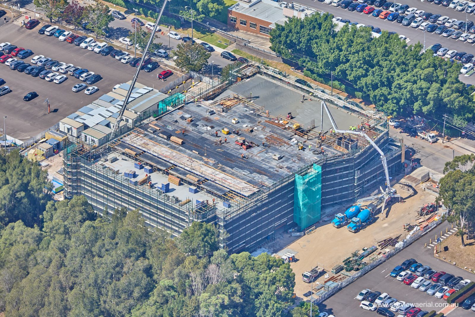 Sky view image of construction of a car park