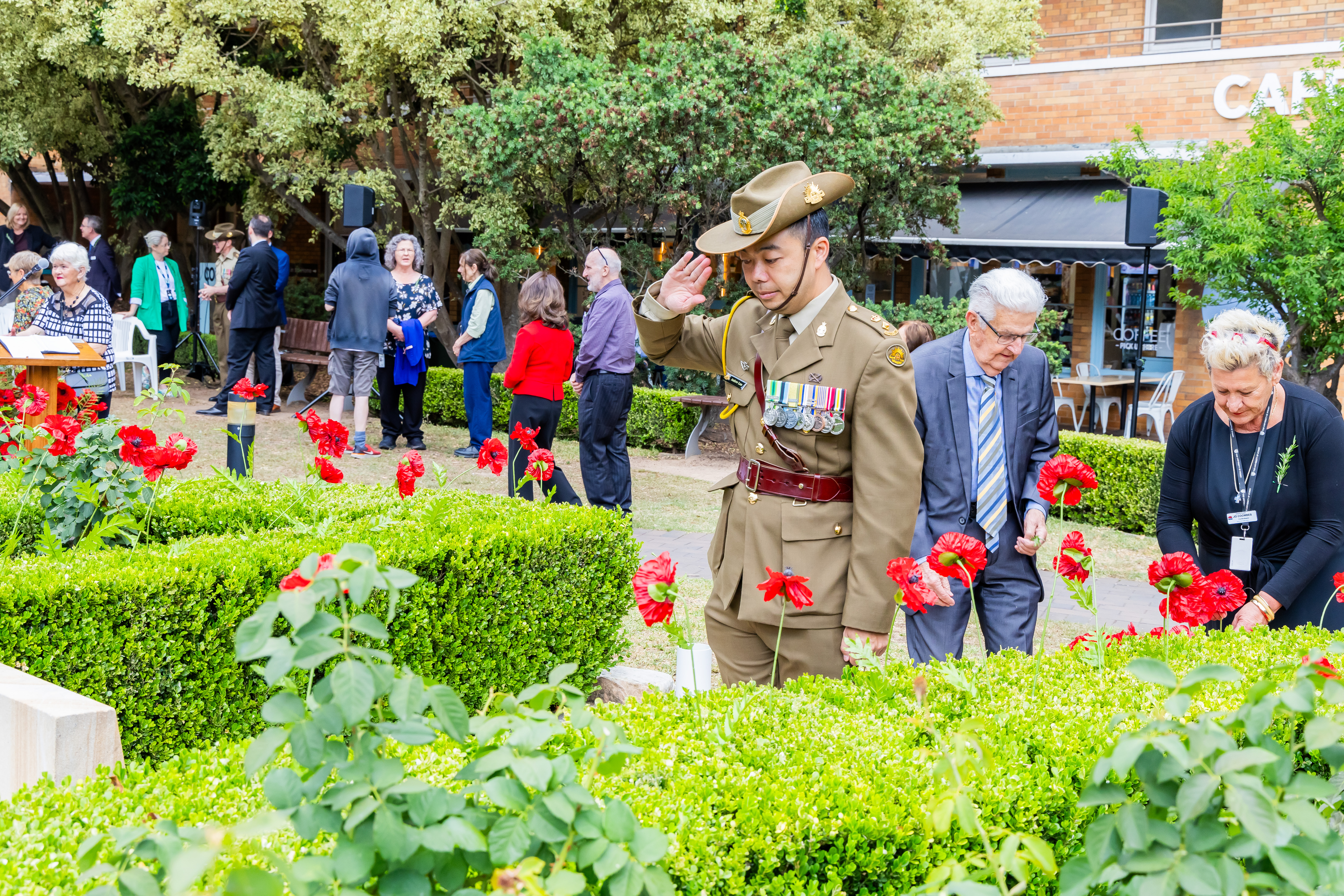 A soldier salutes at memorial service.