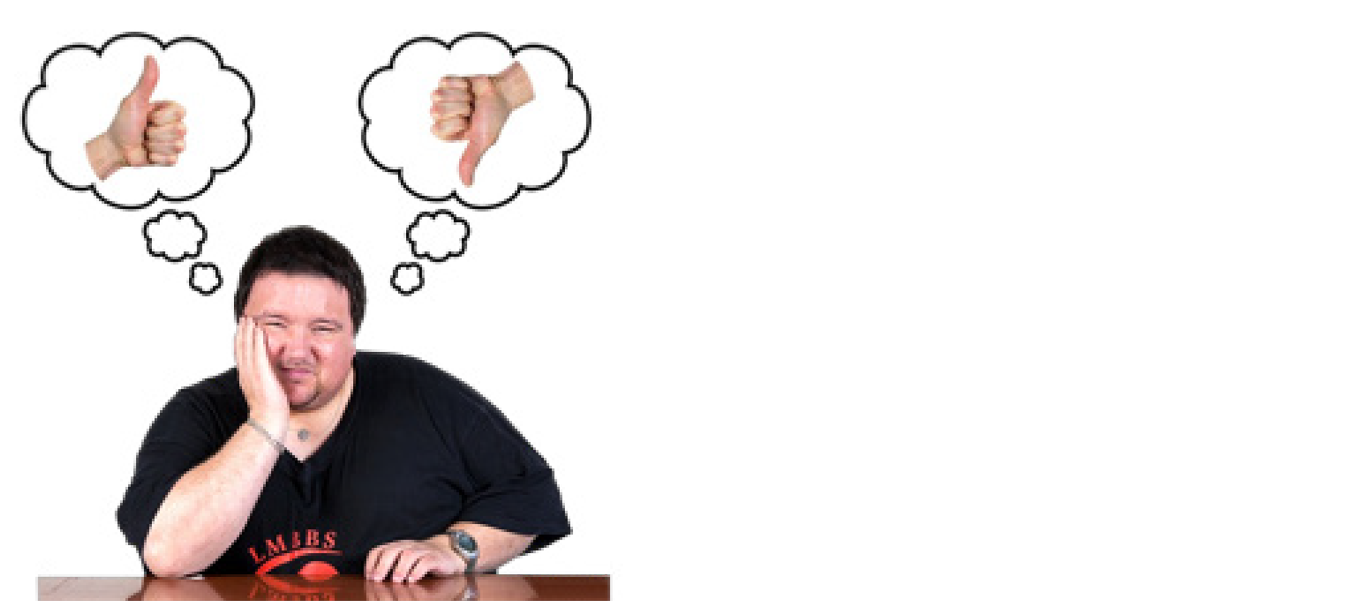 Man at desk thinking good and not so good thoughts