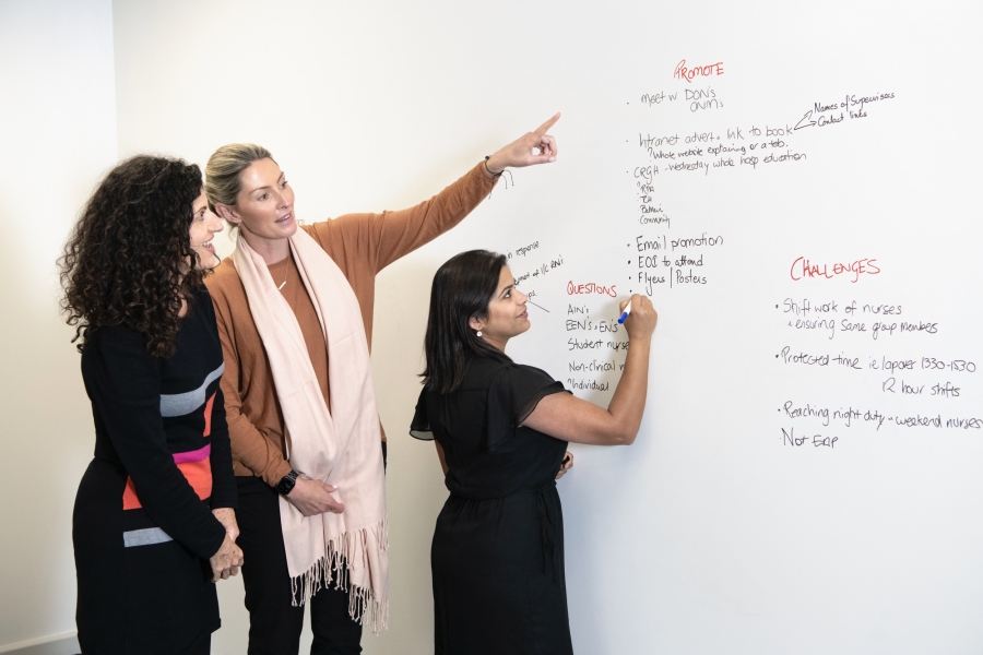 Three educators brainstorming ideas together at a whiteboard.