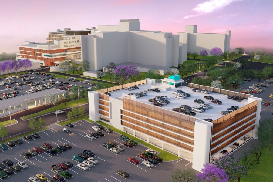 A graphic impression of the building design of a car park opposite hospital site