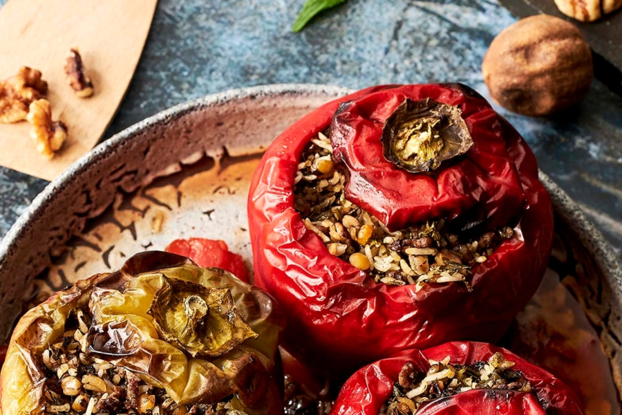 Dolma with meat served on white speckled plate