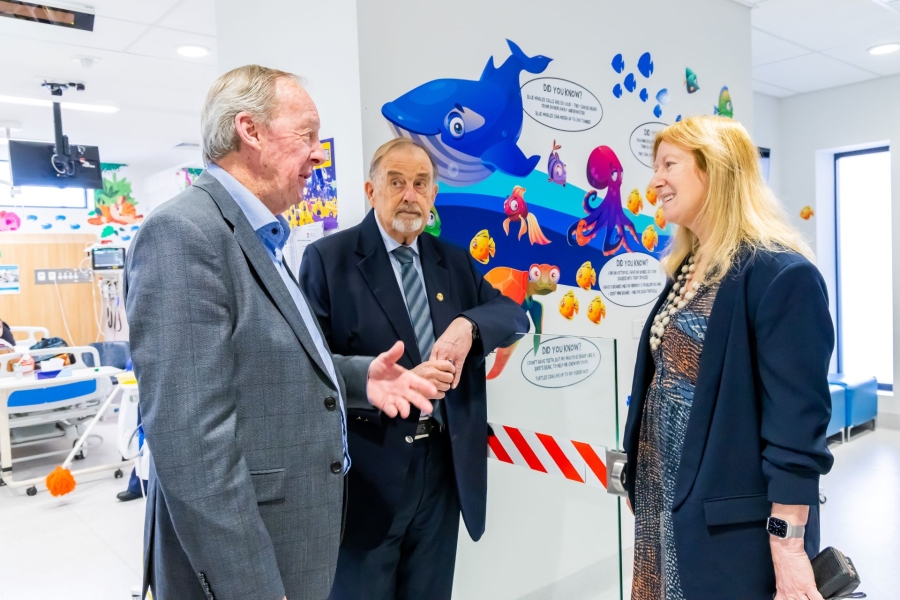 Three people look at a picture on a wall at Canterbury Hospital