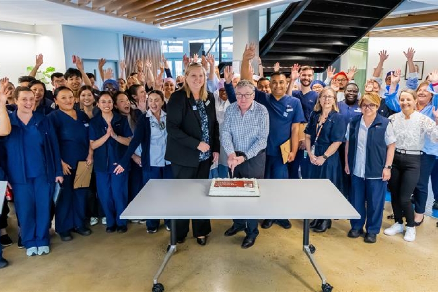 group photo of Concord Hospital staff cutting a big cake during a celebration